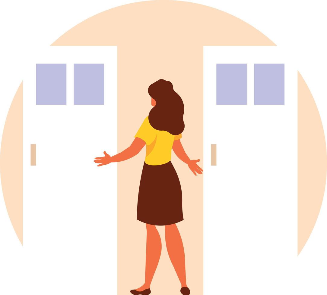 A Woman Is Choosing Which Door To Open vector