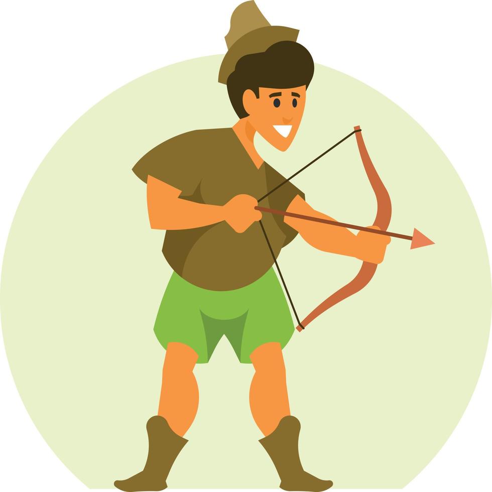 un joven hombre con un arco y flecha, dibujos animados estilo vector