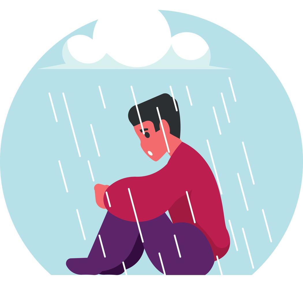 vector imagen de un hombre sentado debajo un lluvioso nube