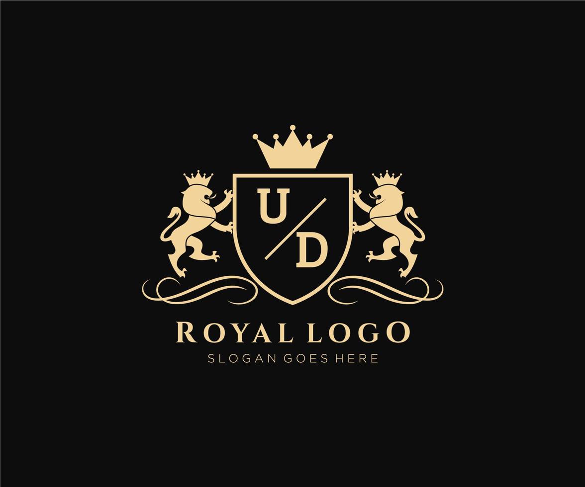 Initial UD Letter Lion Royal Luxury Heraldic,Crest Logo template in vector art for Restaurant, Royalty, Boutique, Cafe, Hotel, Heraldic, Jewelry, Fashion and other vector illustration.