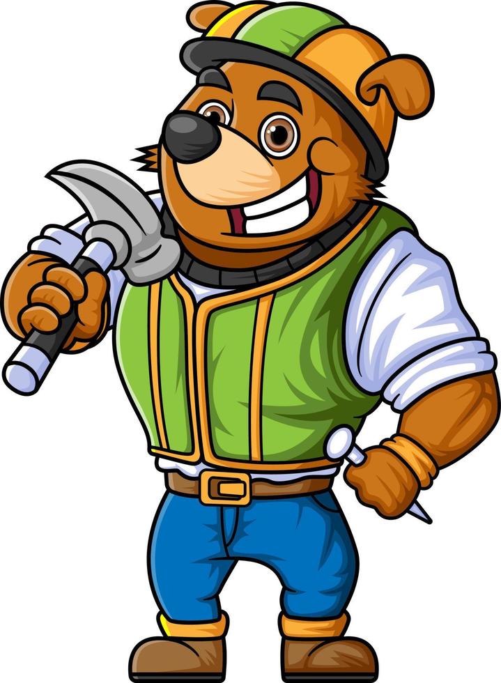 the character of a dog working as a contractor is posing holding a hammer and nails vector