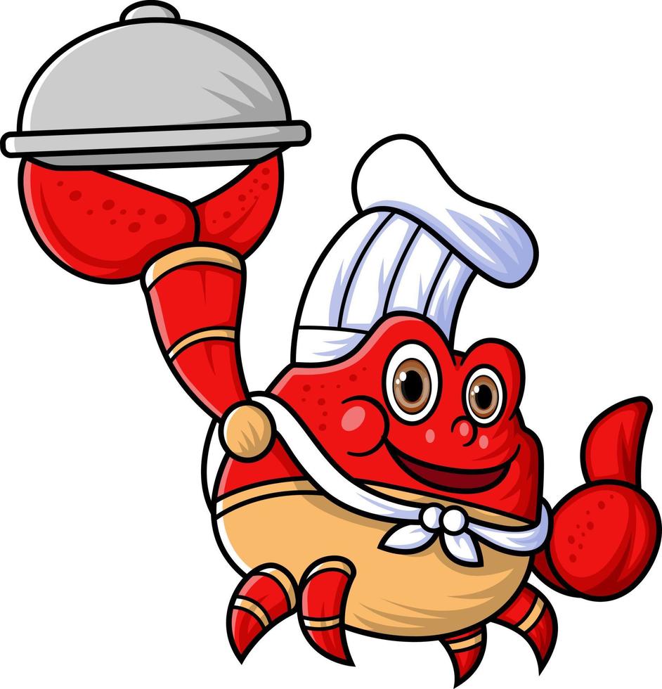 the mascot character of a cute crab works as a professional chef was carrying a plate vector