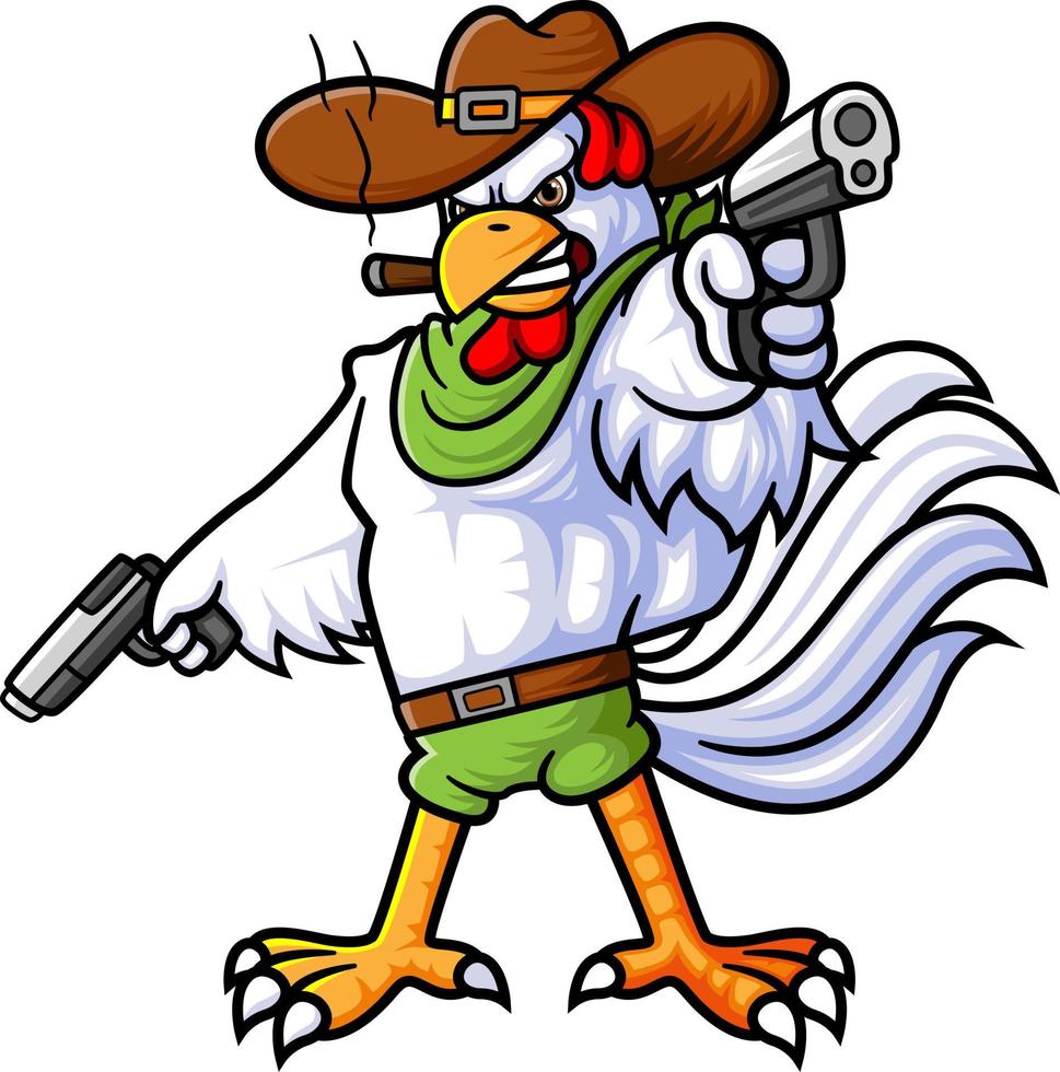 a strong rooster wearing a cowboy costume in action with two guns vector