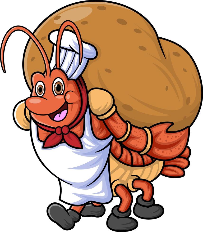 the mascot character of a lobster works as a professional chef carrying a big potato vector