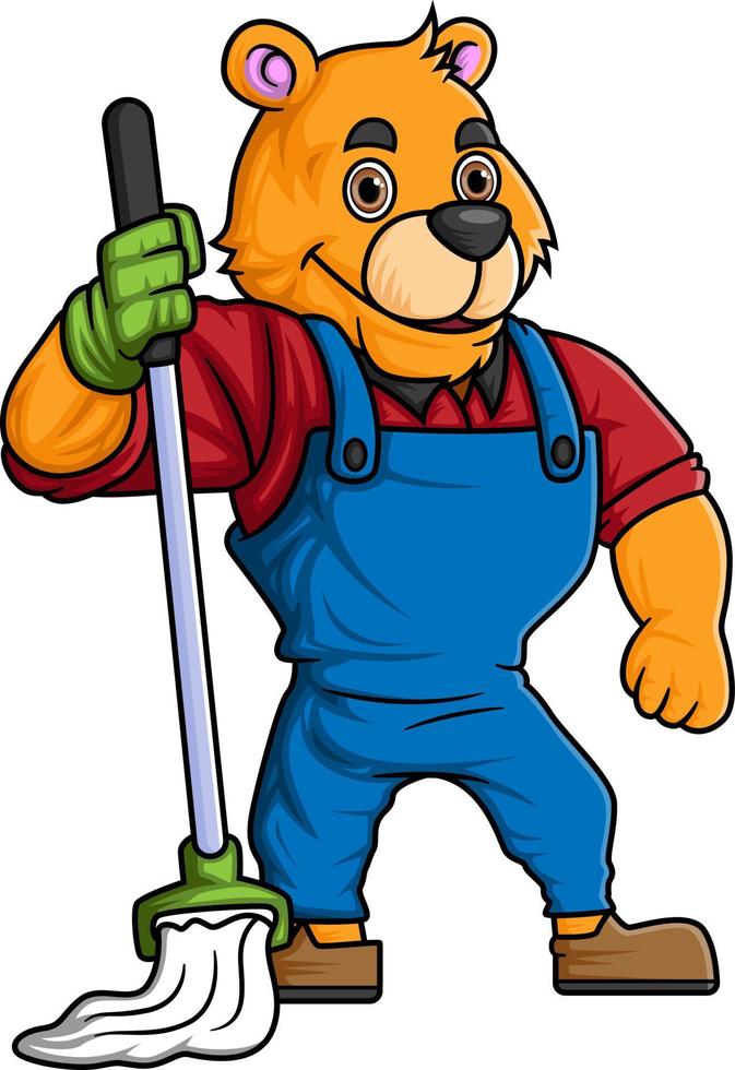 the character of a big tiger wears costume worker uniform profession as a cleaning service vector