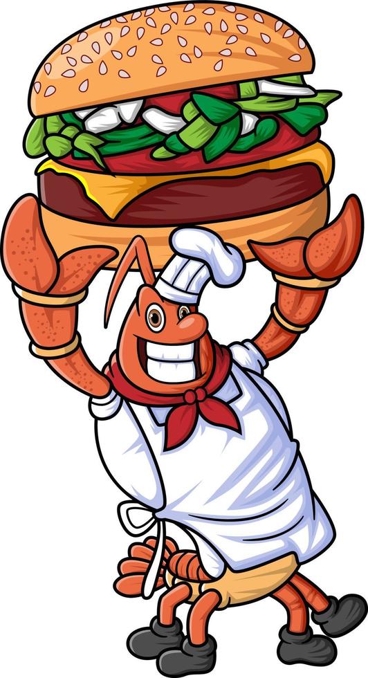 el mascota personaje de un langosta trabajos como un profesional cocinero posando con un grande y delicioso hamburguesa vector