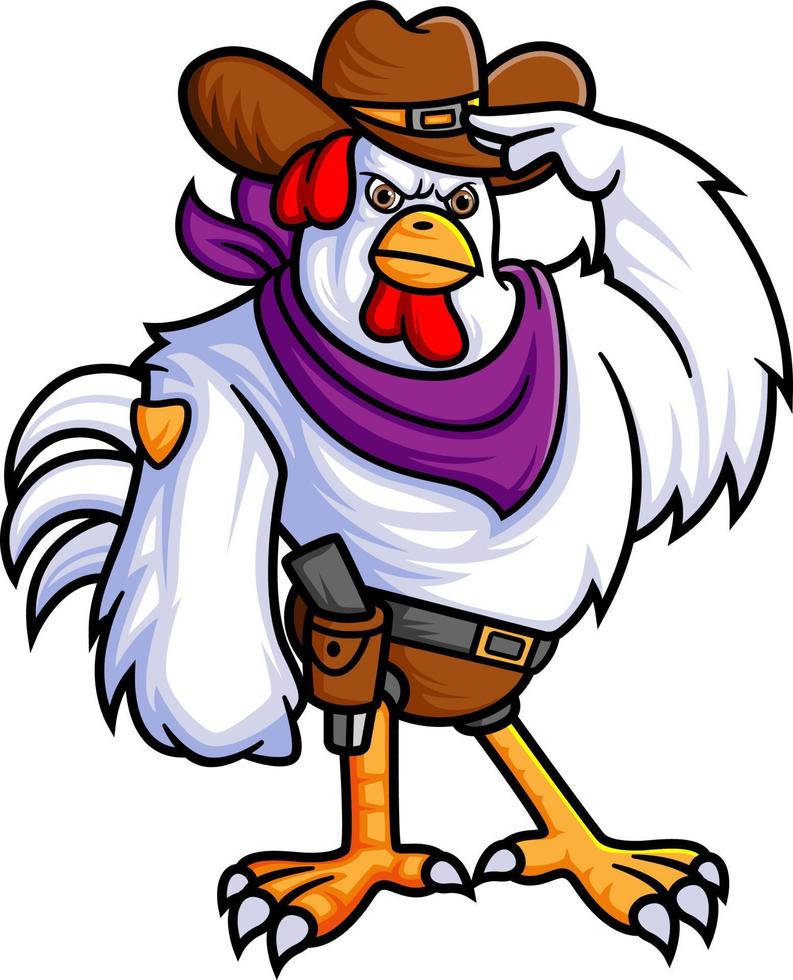 a strong rooster wearing a cowboy costume is posing for a salute vector