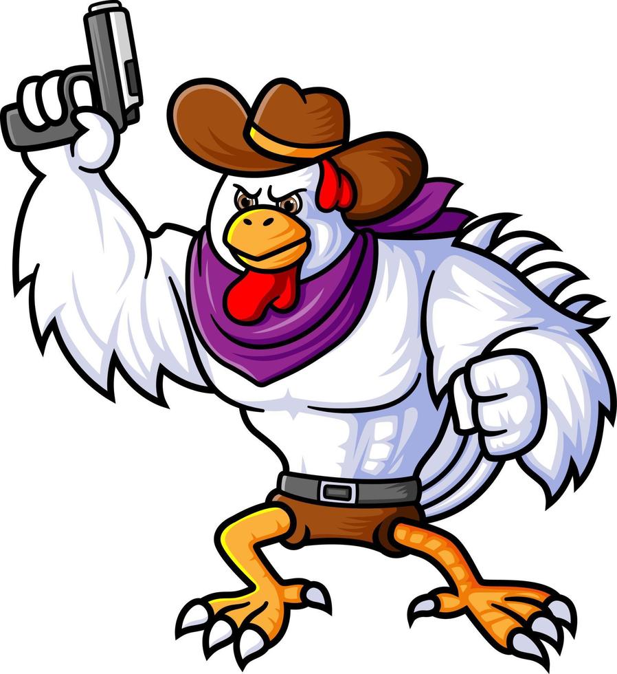 a strong rooster wearing a cowboy costume posing for a warning shot vector