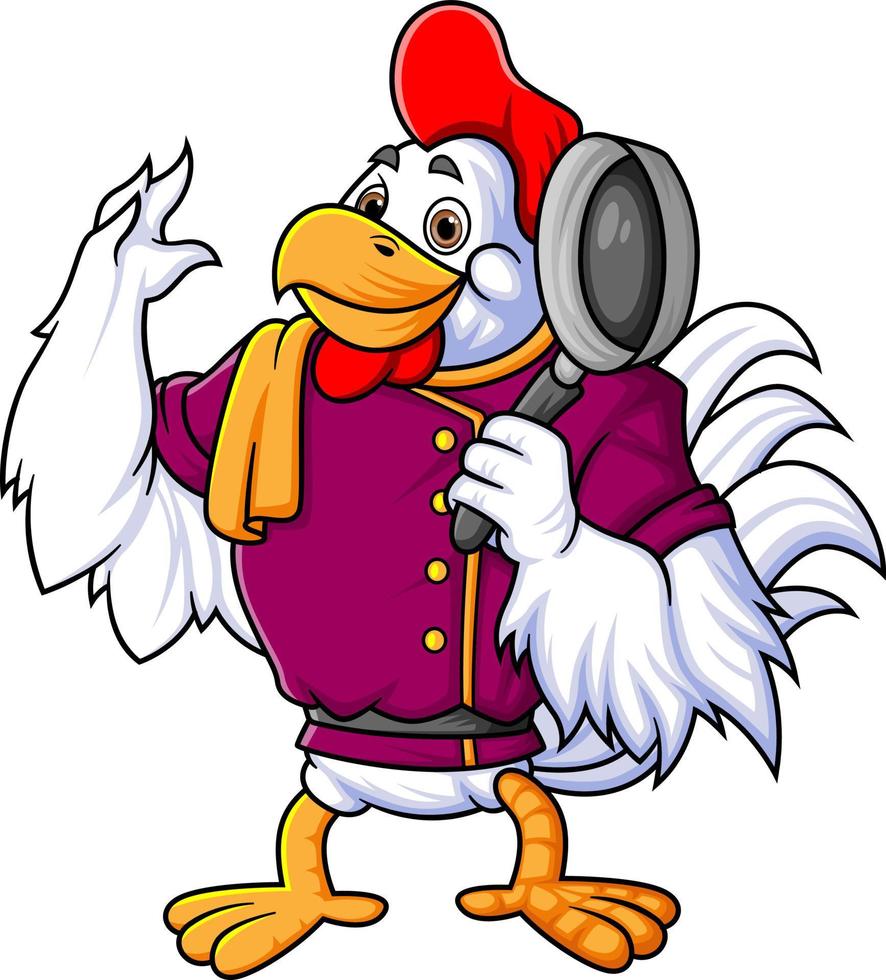 a rooster is a professional chef carrying a frying pan to demonstrate how to cook vector