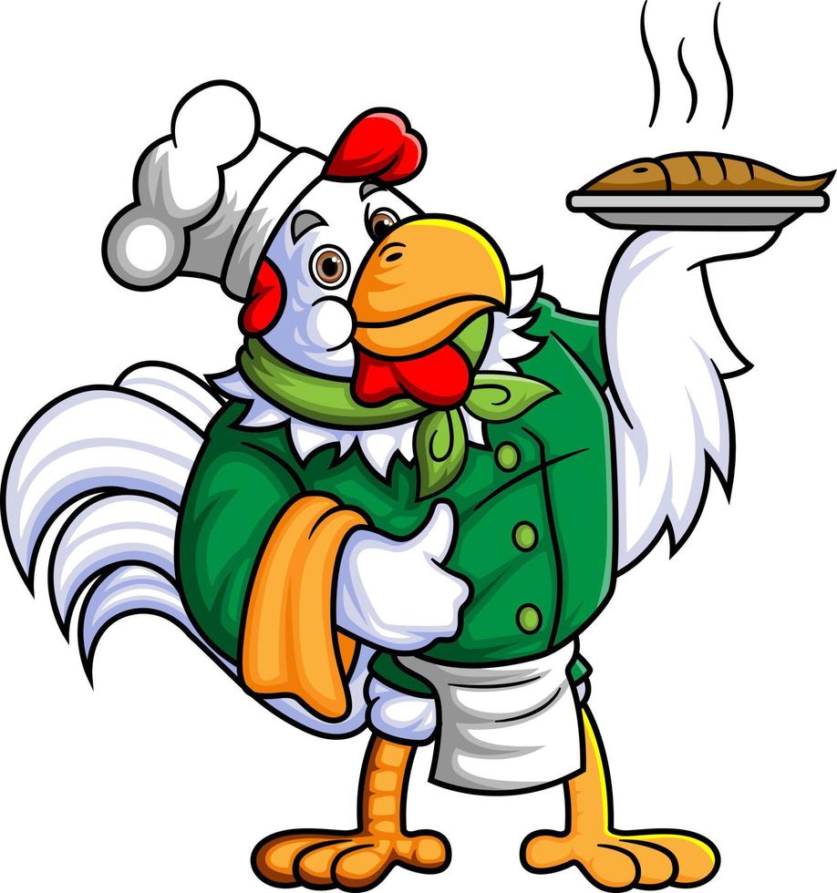 a rooster working as a professional chef is carrying a plate of fresh grilled fish vector