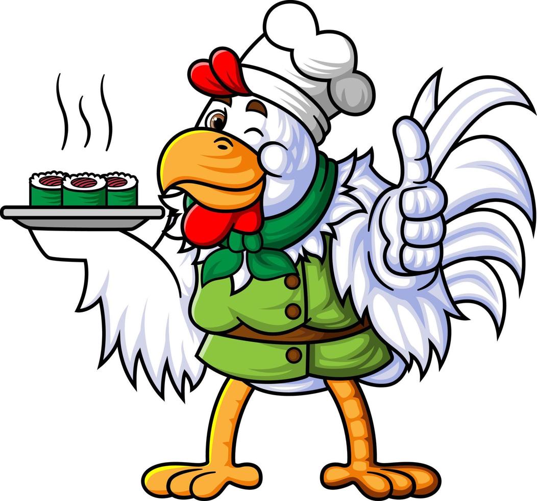 a rooster working as a professional chef is carrying a plate of traditional Japanese food vector