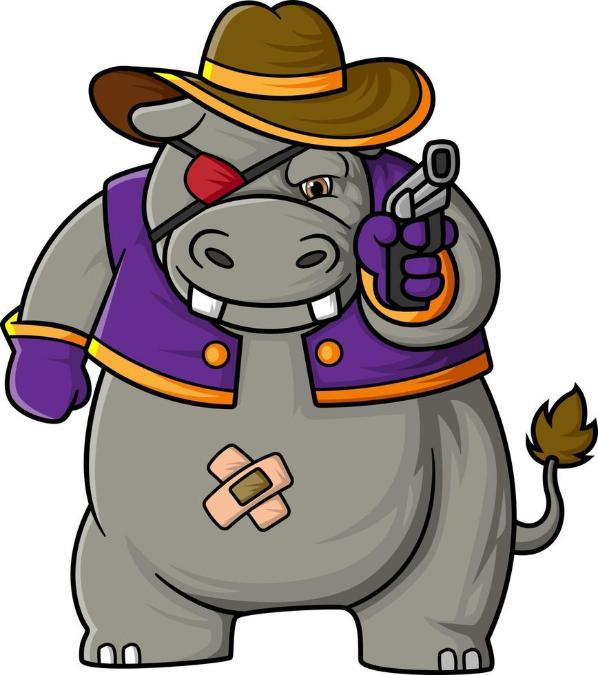 a big and strong hippopotamus wearing a cowboy hat playing the role of a villain vector