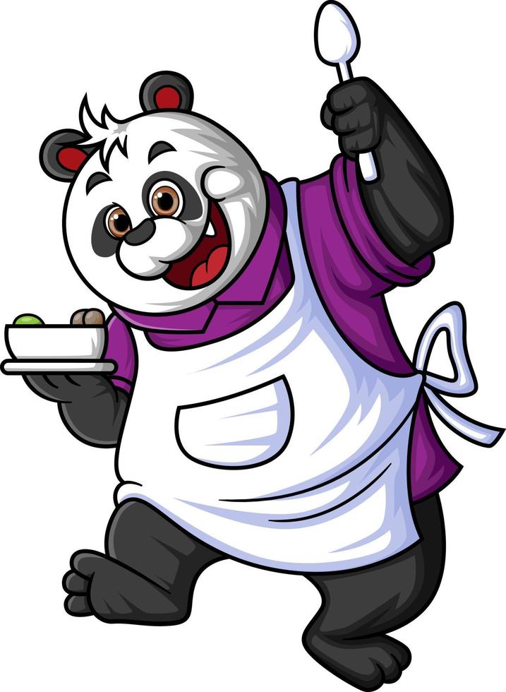 a cute cartoon panda holding a bowl of soup and a spoon vector