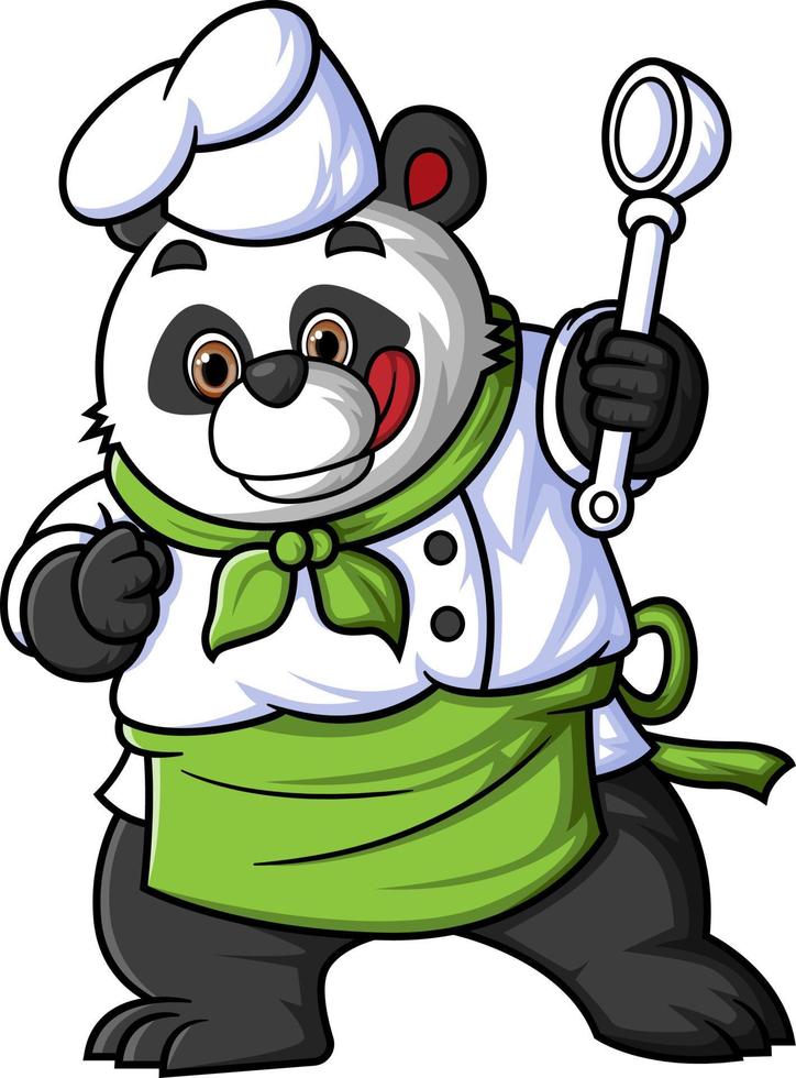 a cartoon panda wearing a chef's outfit, posing while holding a ladle vector