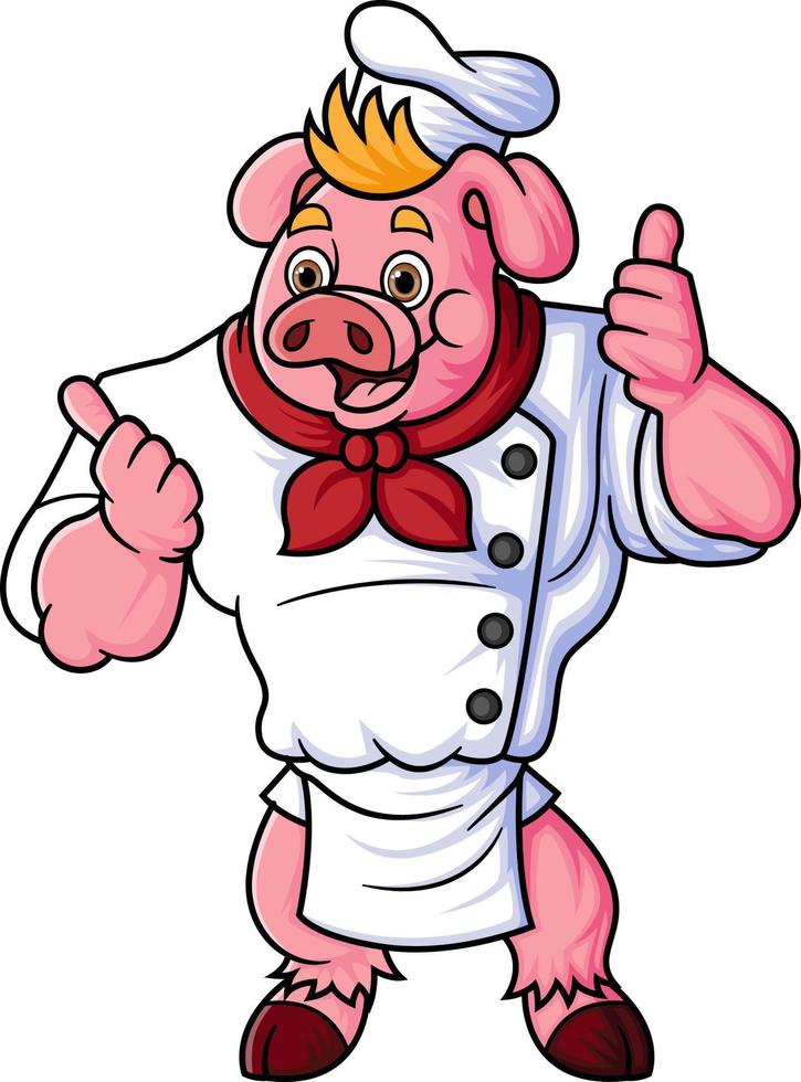 a chubby cartoon pig working as a professional chef, giving a thumbs up vector