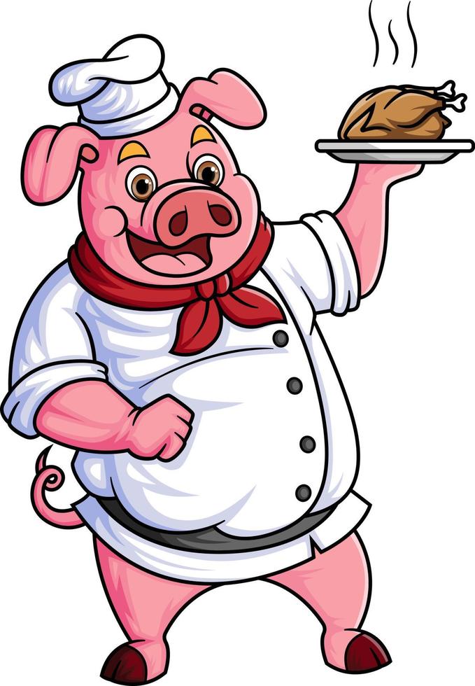 a chubby cartoon pig working as a professional chef, carrying a plate of fried chicken vector