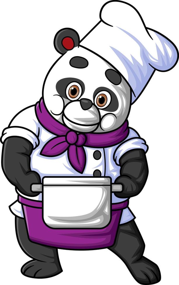 un dibujos animados panda vistiendo un del chef atuendo, posando mientras participación un grande maceta vector