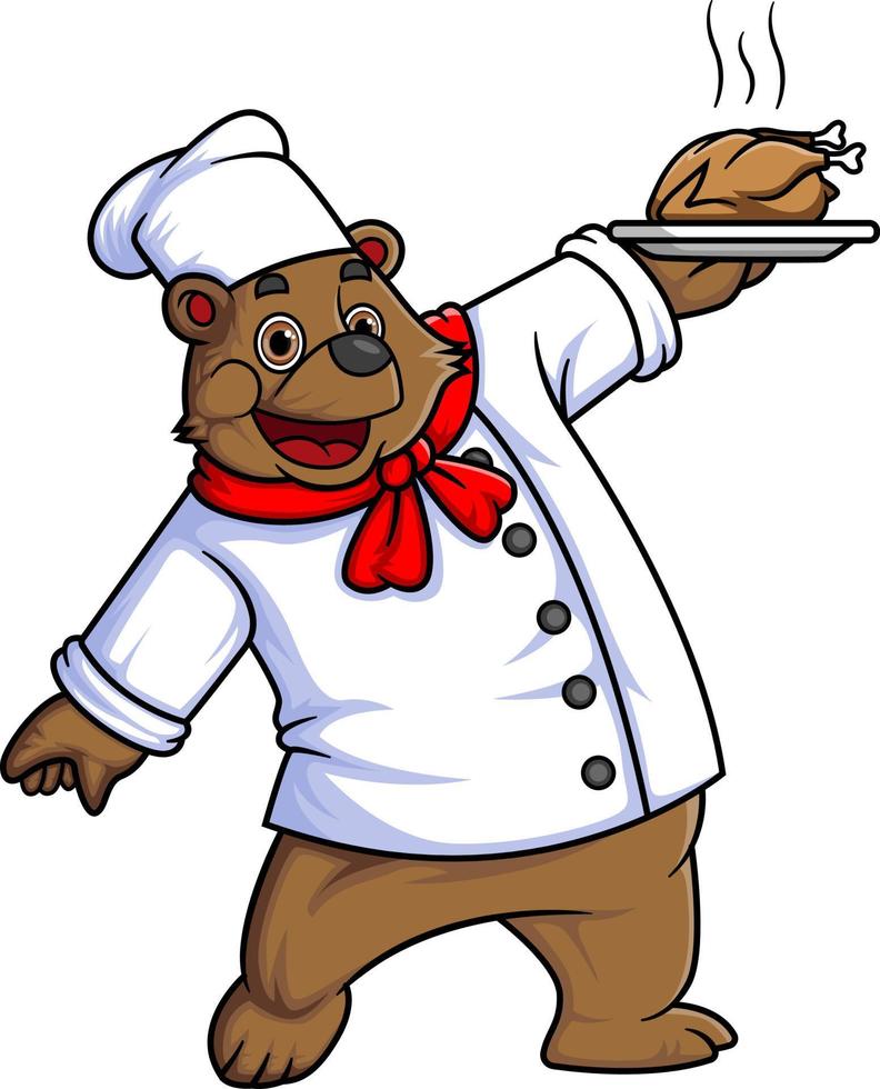 big bear cartoon character wearing chef's clothes and carrying a large fried chicken vector