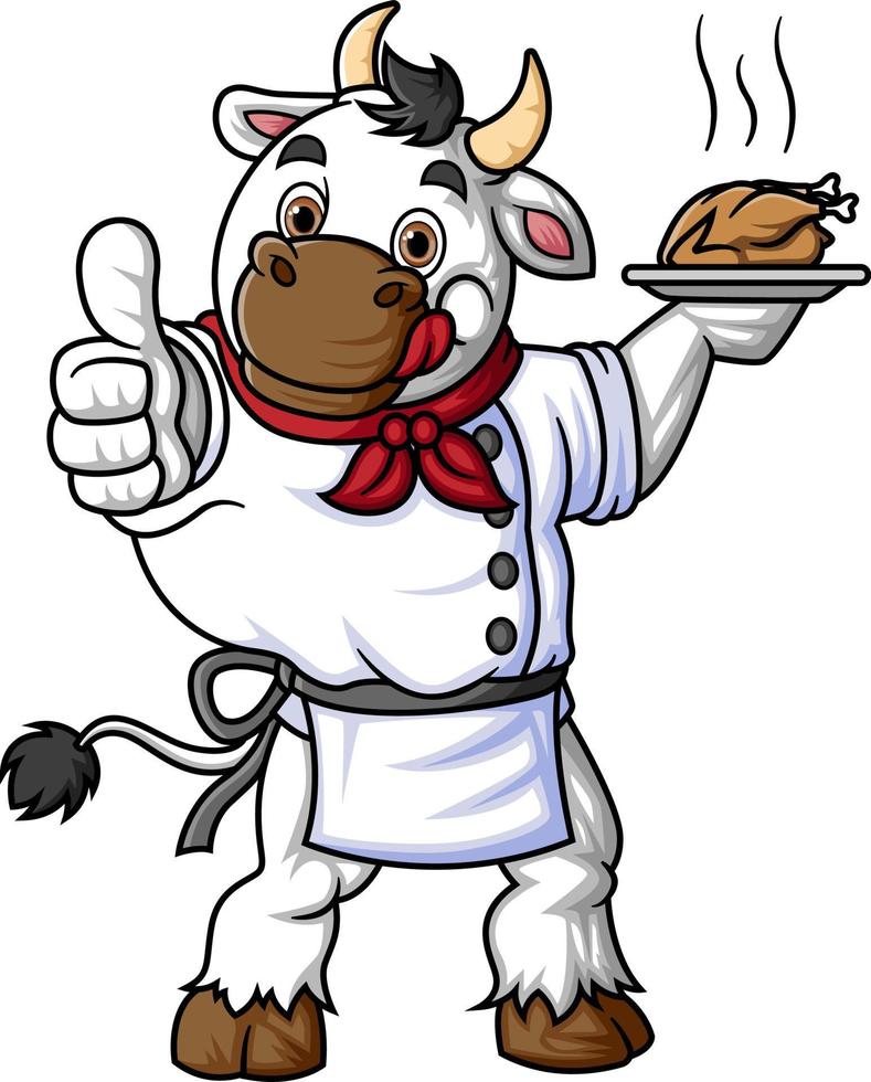 a cartoon cow smiling, wearing a chef's outfit, and posing with a thumbs up vector