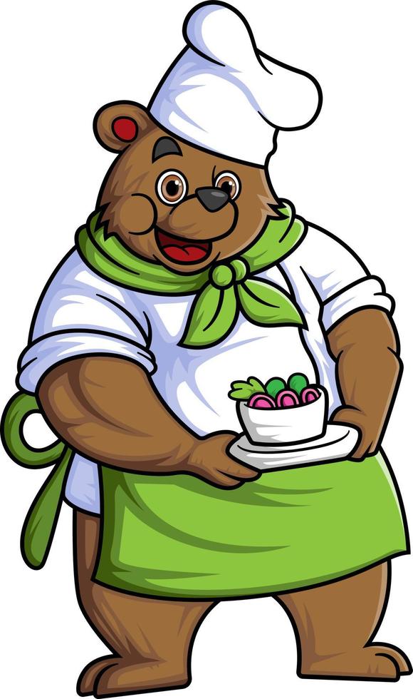 a cartoon bear wearing a chef's outfit, carrying a bowl of vegetables vector