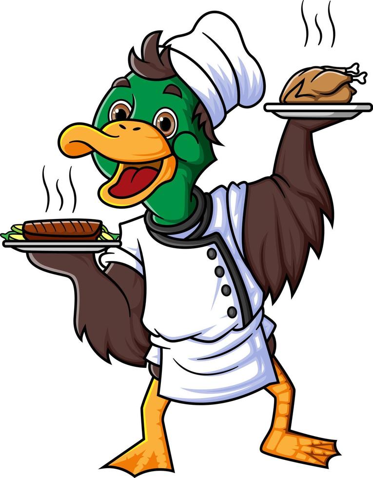 cute duck cartoon character is a professional chef and carries two plates vector