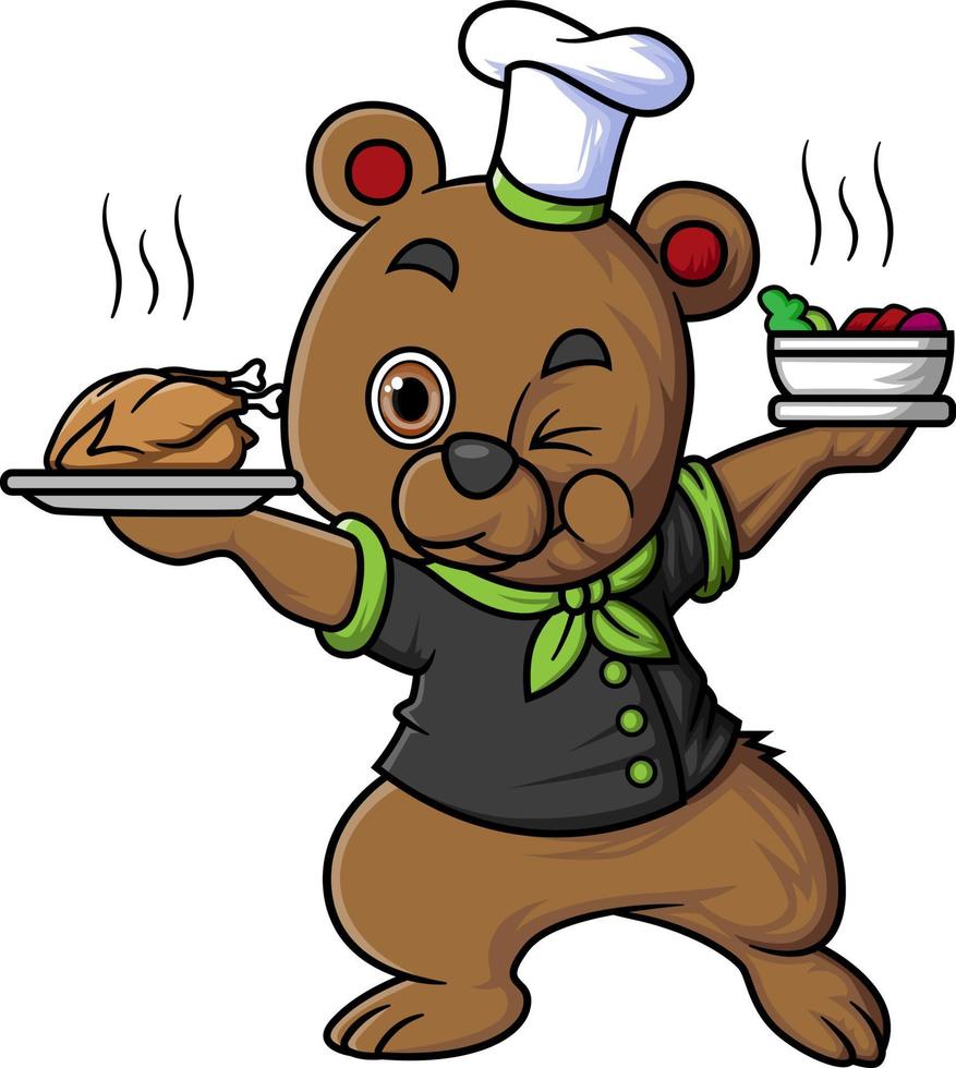 cute bear cartoon character wearing chef clothes and hat carrying a bowl of soup and fried chicken vector