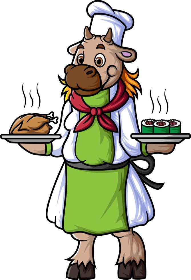 a cartoon sheep working as a chef, carrying two plates of food vector