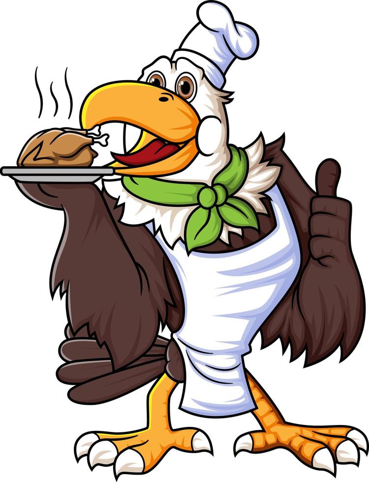 a strong eagle cartoon character who works as a chef and wears a hat is posing for a thumbs up and brings grilled chicken food on a plate vector
