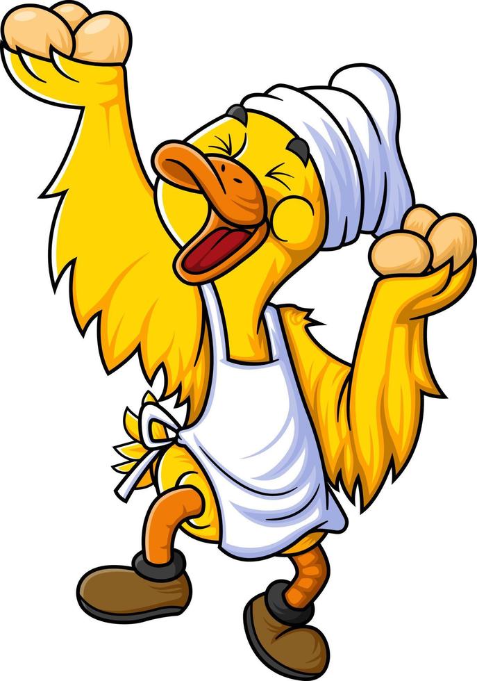 cute duck cartoon character is a professional chef and carries a lot of eggs vector
