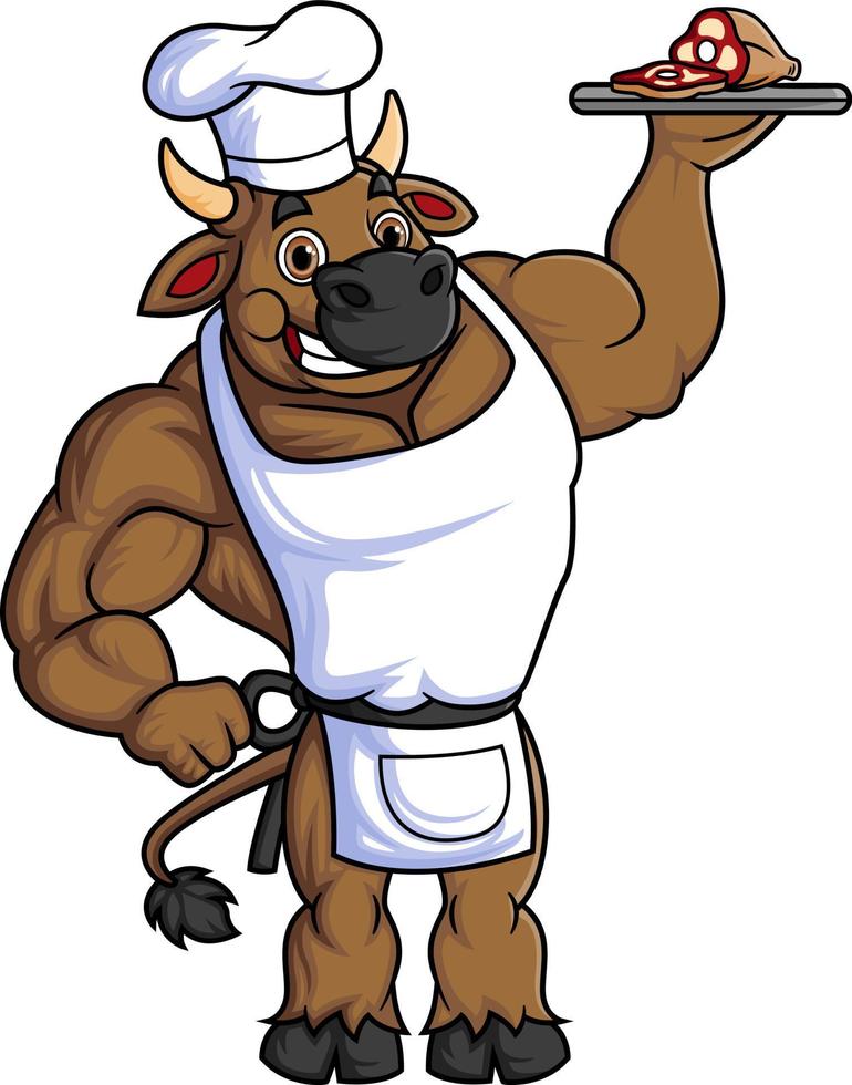 character of a big bull working as a professional chef carrying a plate of grilled chicken vector