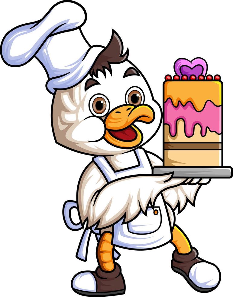 linda bebé Pato dibujos animados personaje vistiendo cocinero ropa y llevar muy grande cumpleaños pastel vector