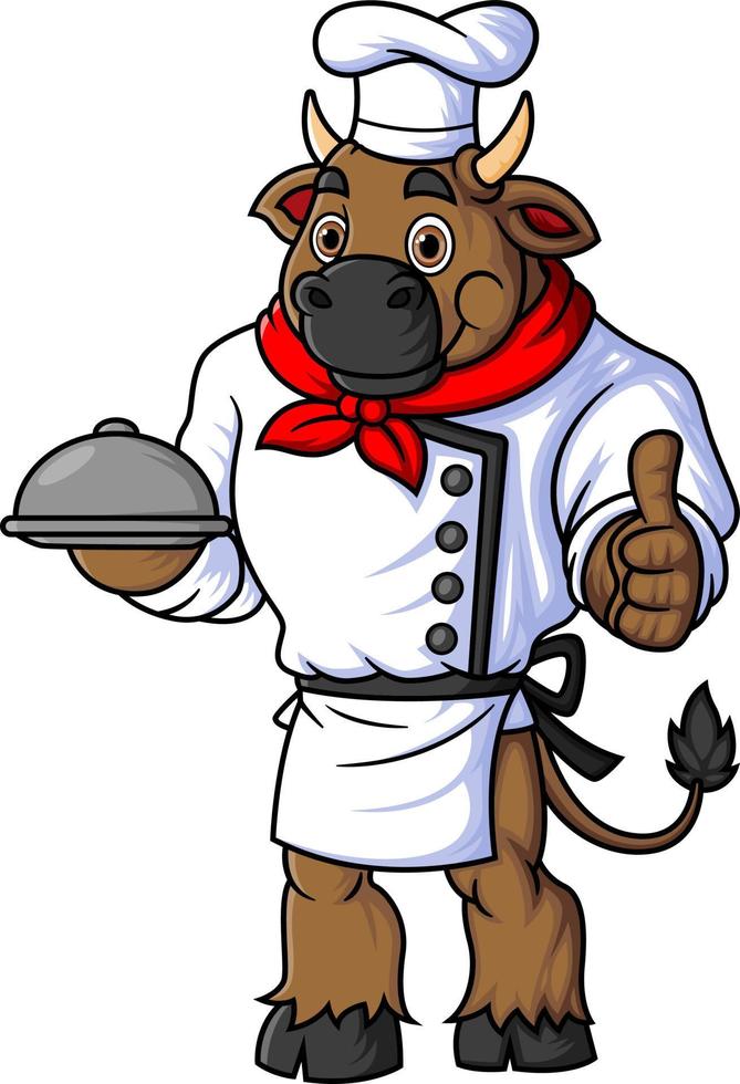 personaje un grande toro trabajando como un profesional cocinero vistiendo uniforme y dando pulgares arriba vector