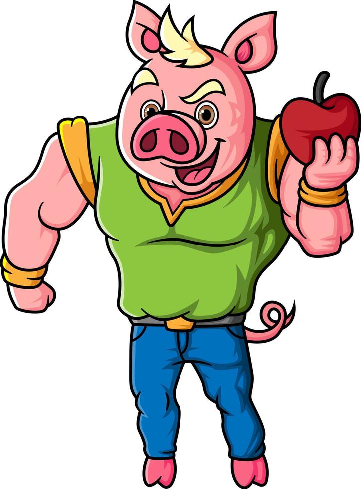 characters a strong pig holding an apple vector