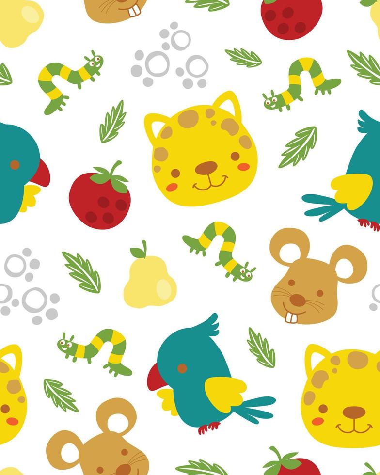 vector seamless pattern of cute animals cartoon with fruits. Cat, mouse, bird and caterpillar