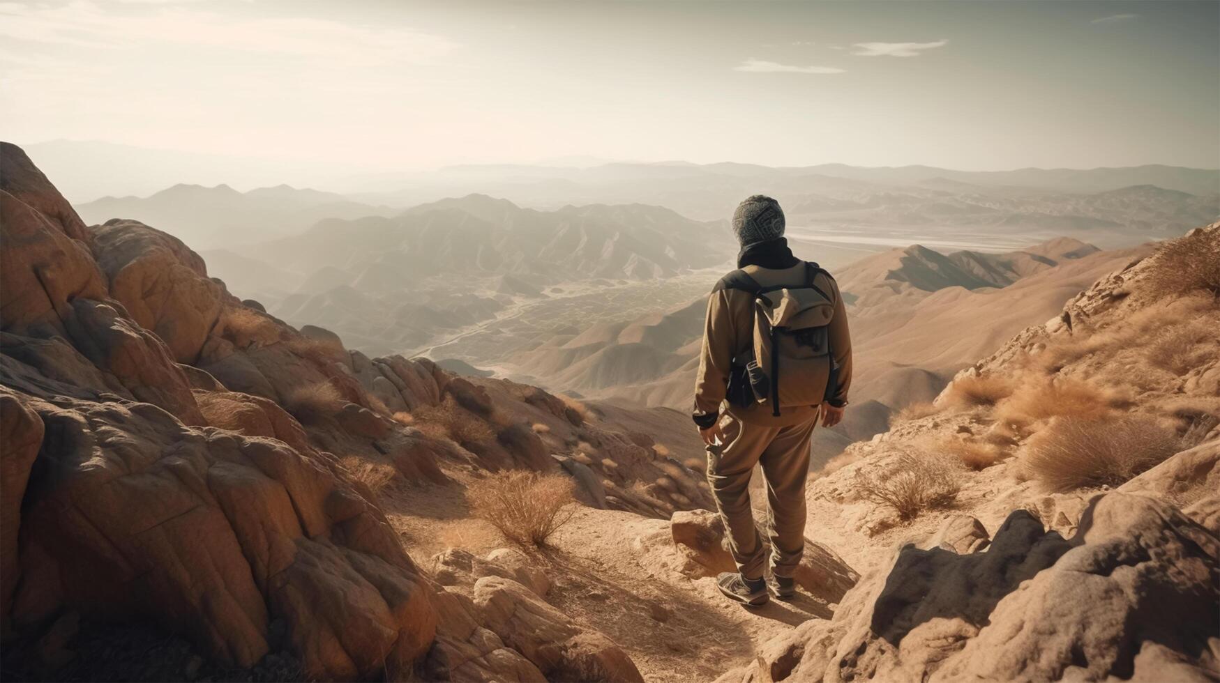 A man stands on a mountain top looking at the mountains and the desert. photo