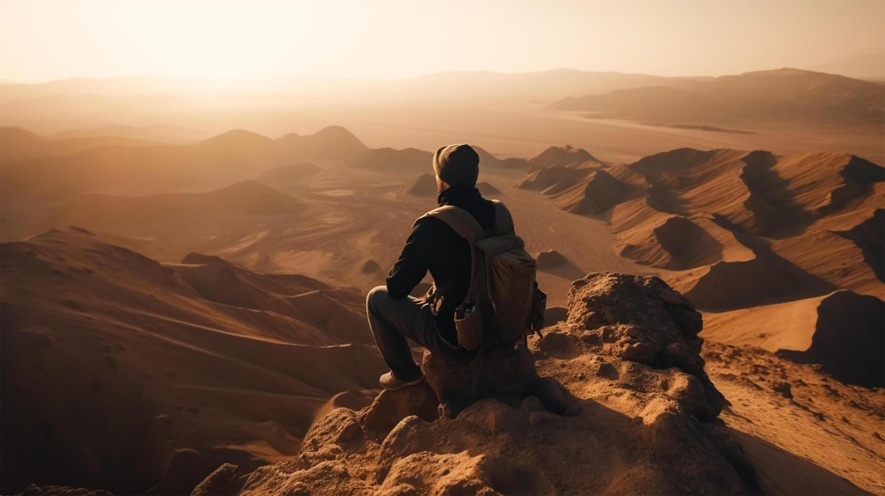 A man stands on a mountain top looking at the mountains and the desert. photo