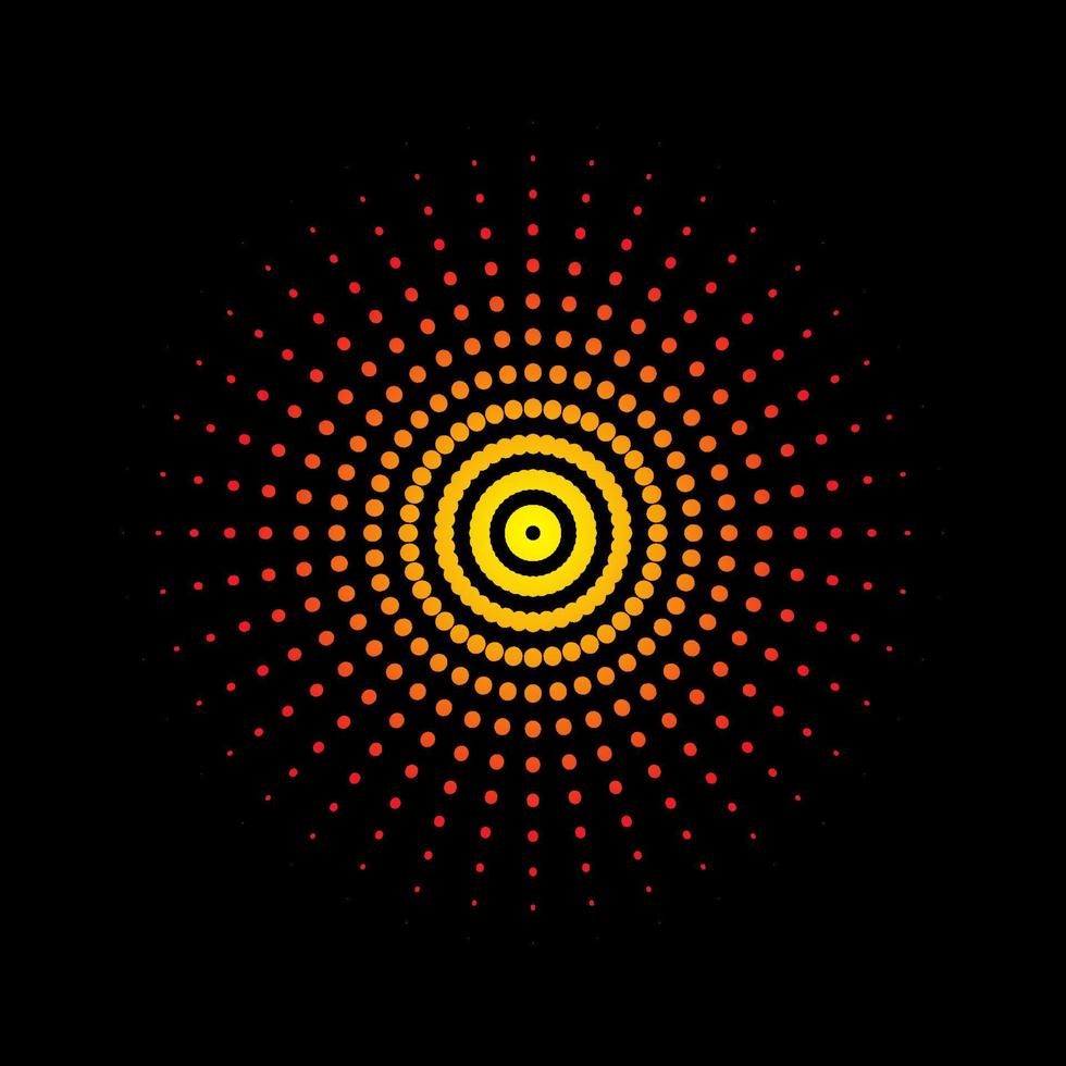 Beautiful yellow and red sunburst dotted spiral vortex symbol isolated on a black background. Star burst swirl pattern dots logo icon vector template.