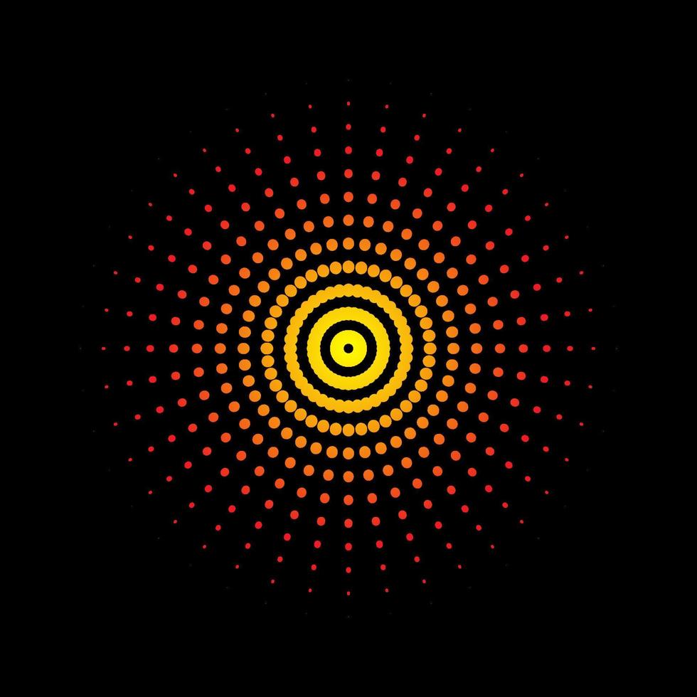 hermosa amarillo y rojo rayos de sol punteado espiral vórtice símbolo aislado en un negro antecedentes. estrella Estallar remolino modelo puntos logo icono vector modelo.