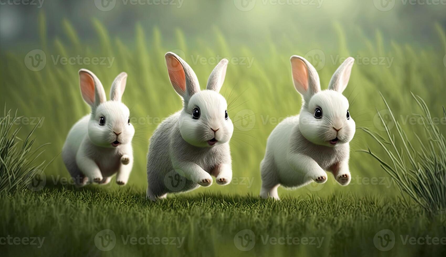 Cute little rabbits running on grass field yard in the morning with