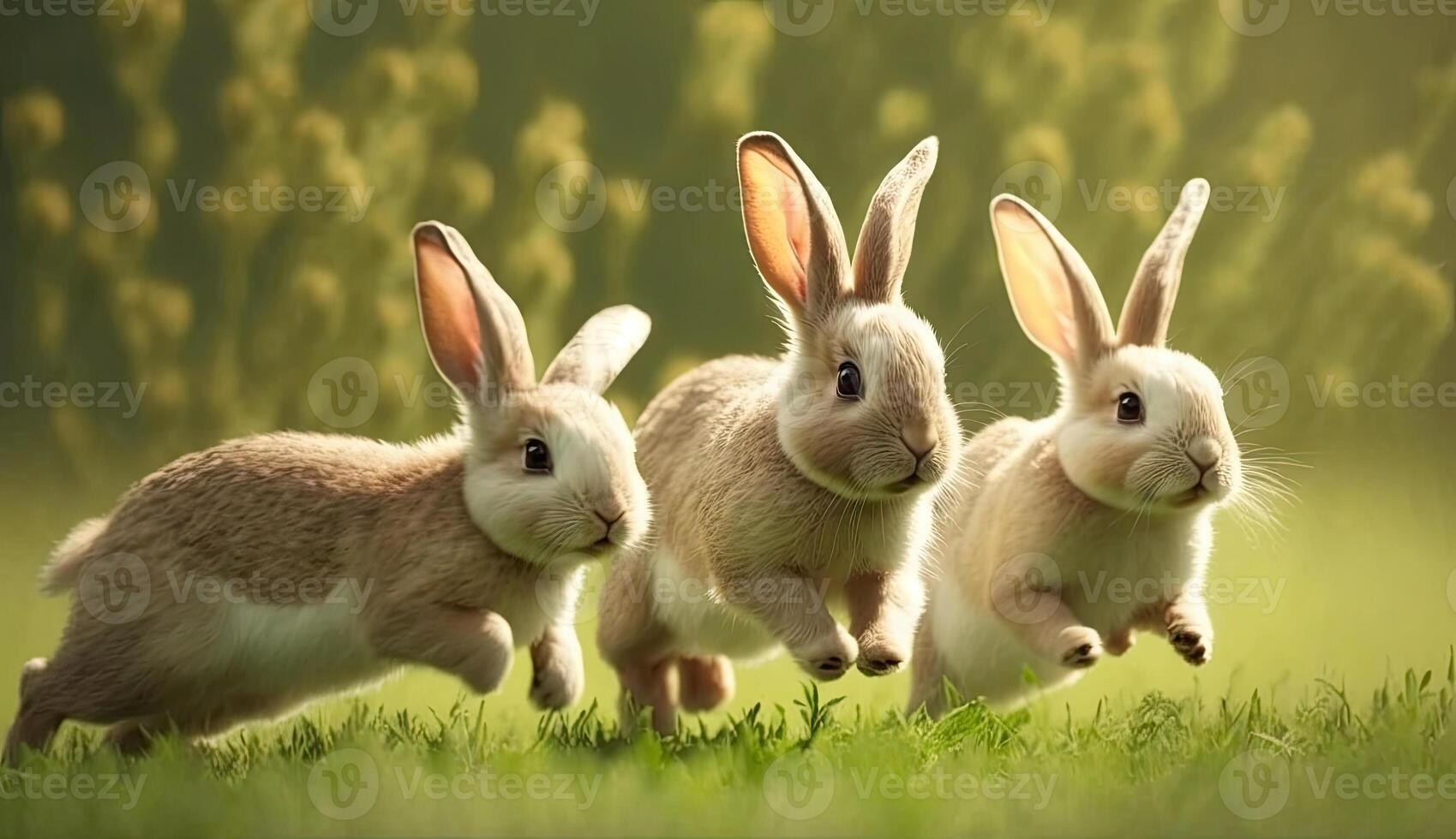 linda pequeño conejos corriendo en césped campo yarda en el Mañana con luz de sol, disfrutar encantador y felicidad, conejito en Fresco ambiente primavera estaciones, con generativo ai. foto