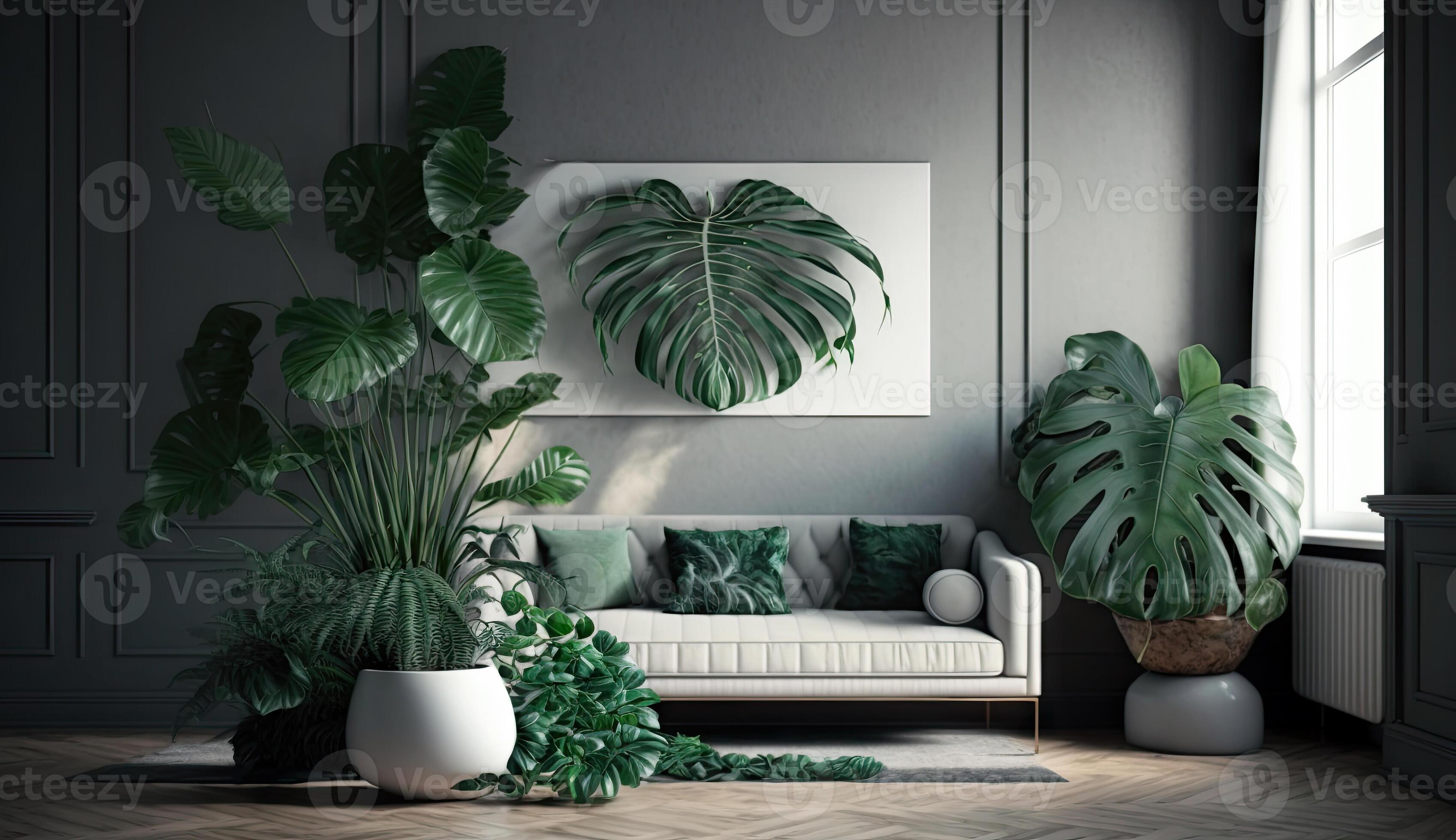 Minimal living room with interior sofa and green nature tropical ...