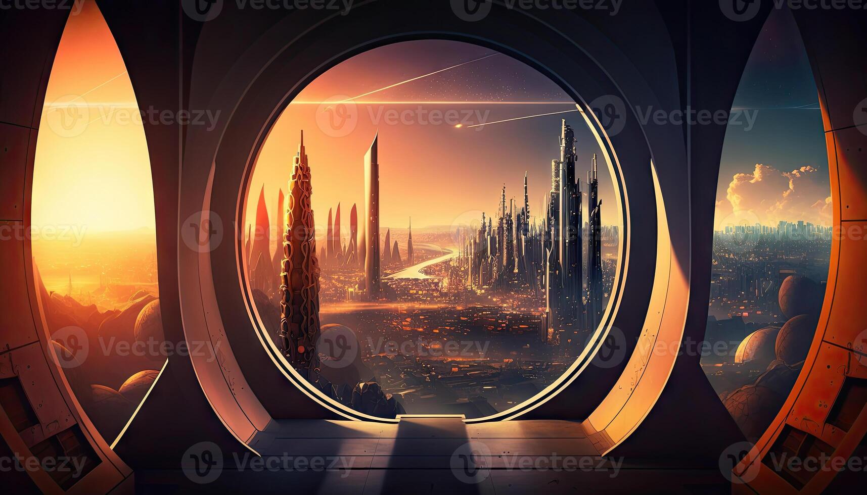 Mega capital city futuristic Sci-fi town background, sci-fi landscape fantastic, alien city planet society, night scene with stars and planet, with . photo