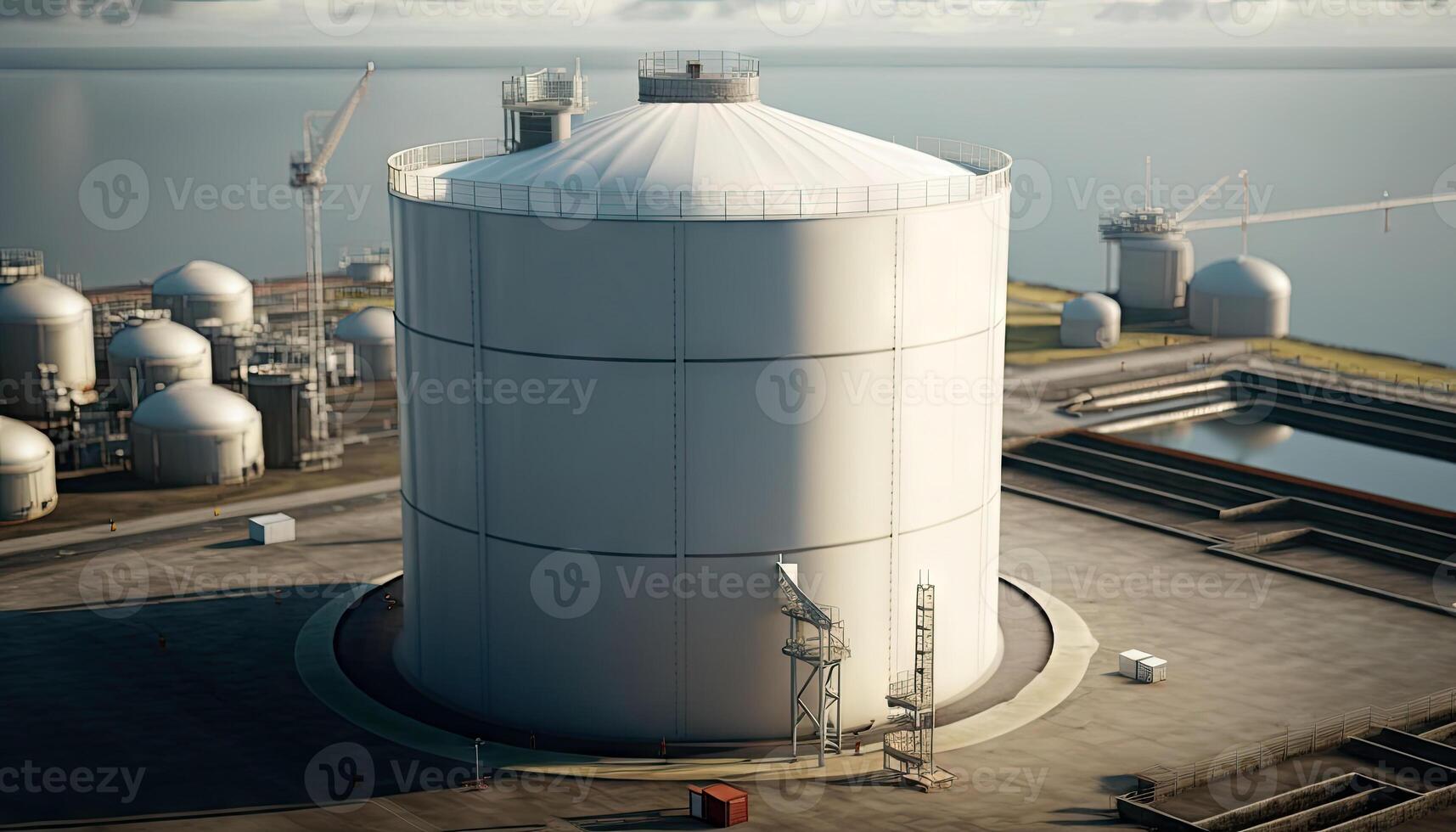 Aerial top view of factory station, oil fuel storage tank, petroleum refinery, manufactory, industrial process plant oil refinery for energy with . photo