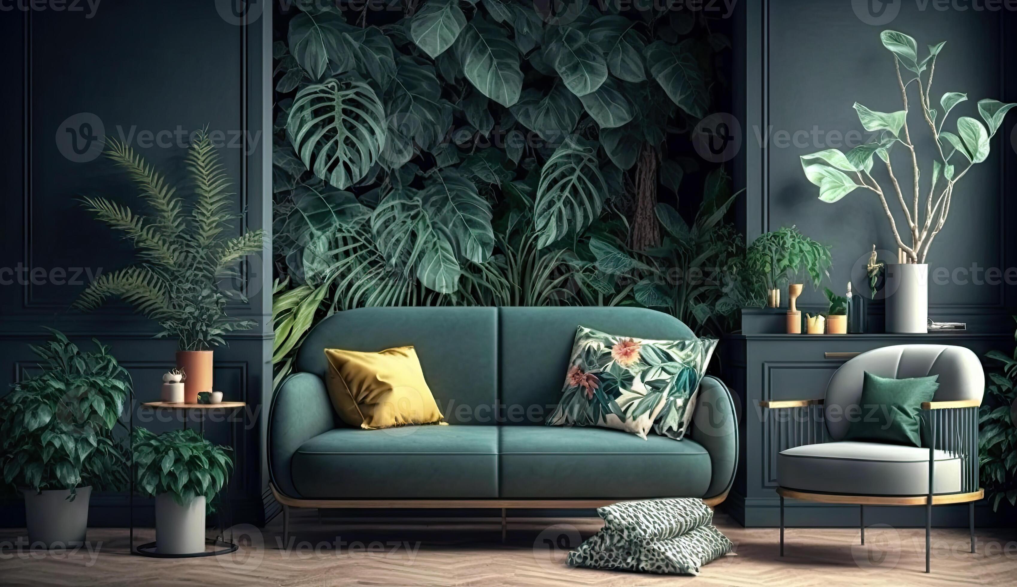 Minimal living room with interior sofa and green nature tropical ...