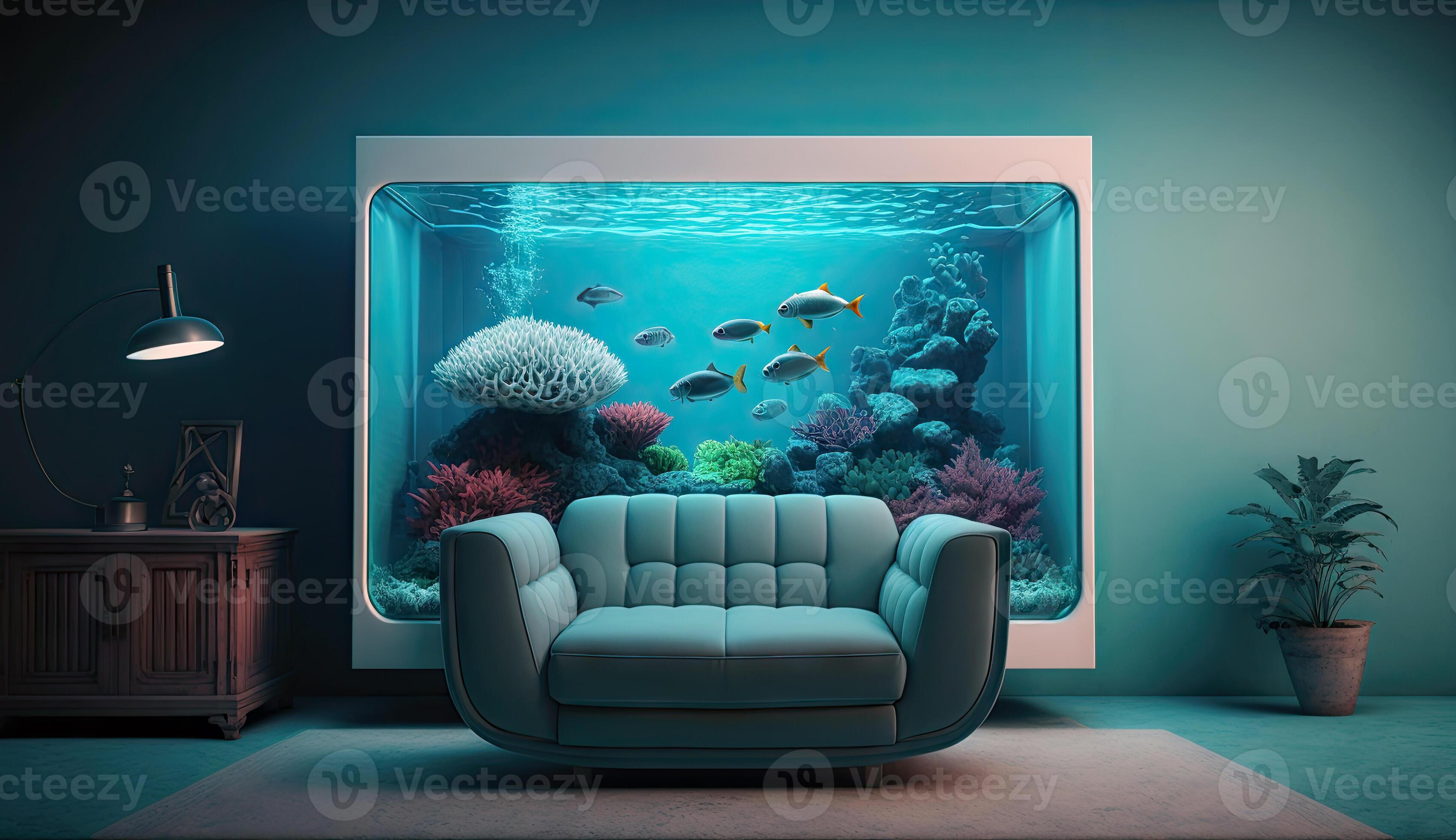 Minimal living room with interior sofa and under the sea fish tank or  aquarium decoration, underwater with coral reef and fishes design concepts,  Home decoration mock up, with Generative AI. 22975384 Stock