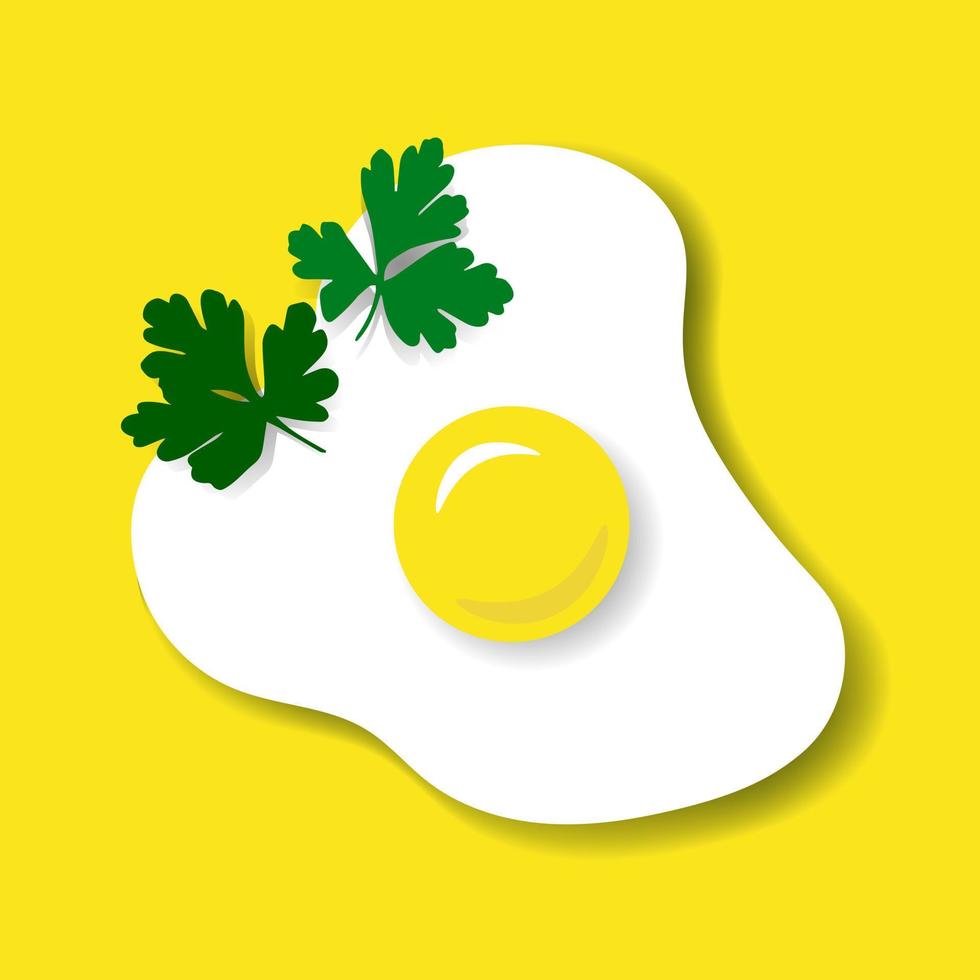 Illustration of fried eggs with parsley leaves on a yellow background. Fried egg with herbs vector