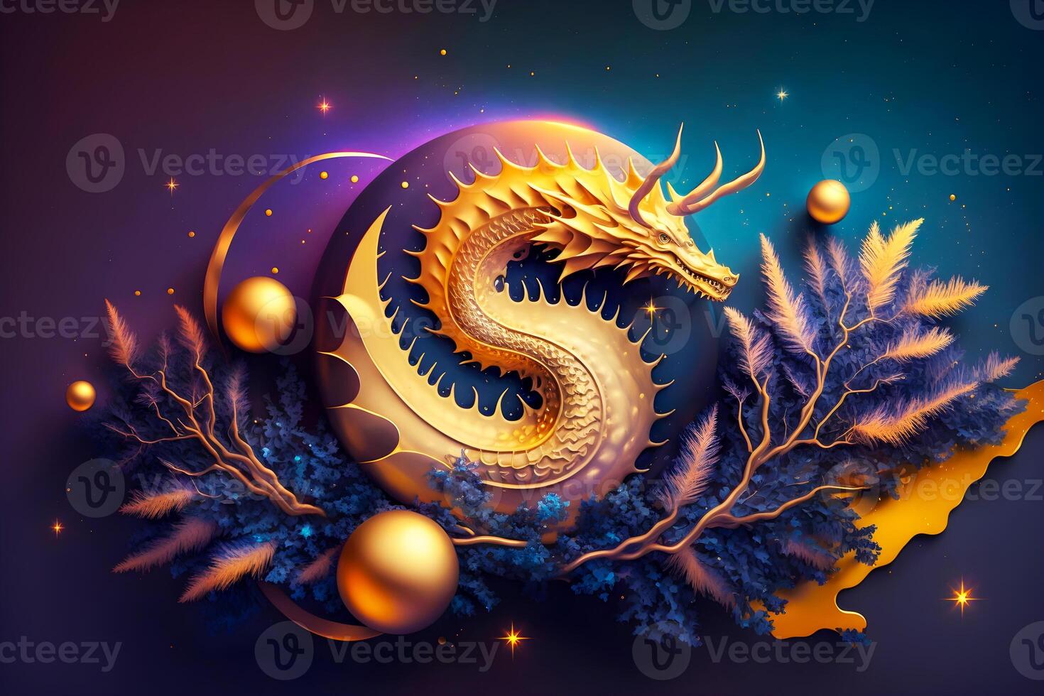Holiday New Year poster with symbol of traditional Asian dragon with fir boughs and gold new year balls on purple background. 2024 Chinese New Year zodiac sign of dragon. photo