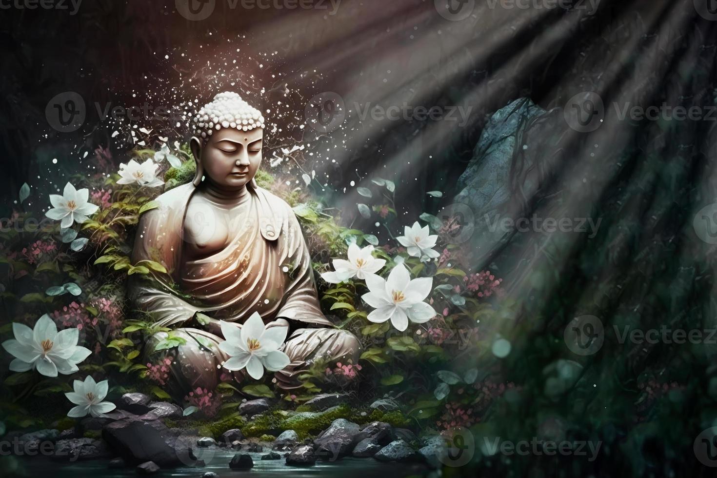 Buddhist religion holiday composition with buddha statue illuminated by the rays of the sun with white flowers in tropical forest. Vesak, Buddha Day. Copy space. Generation ai photo