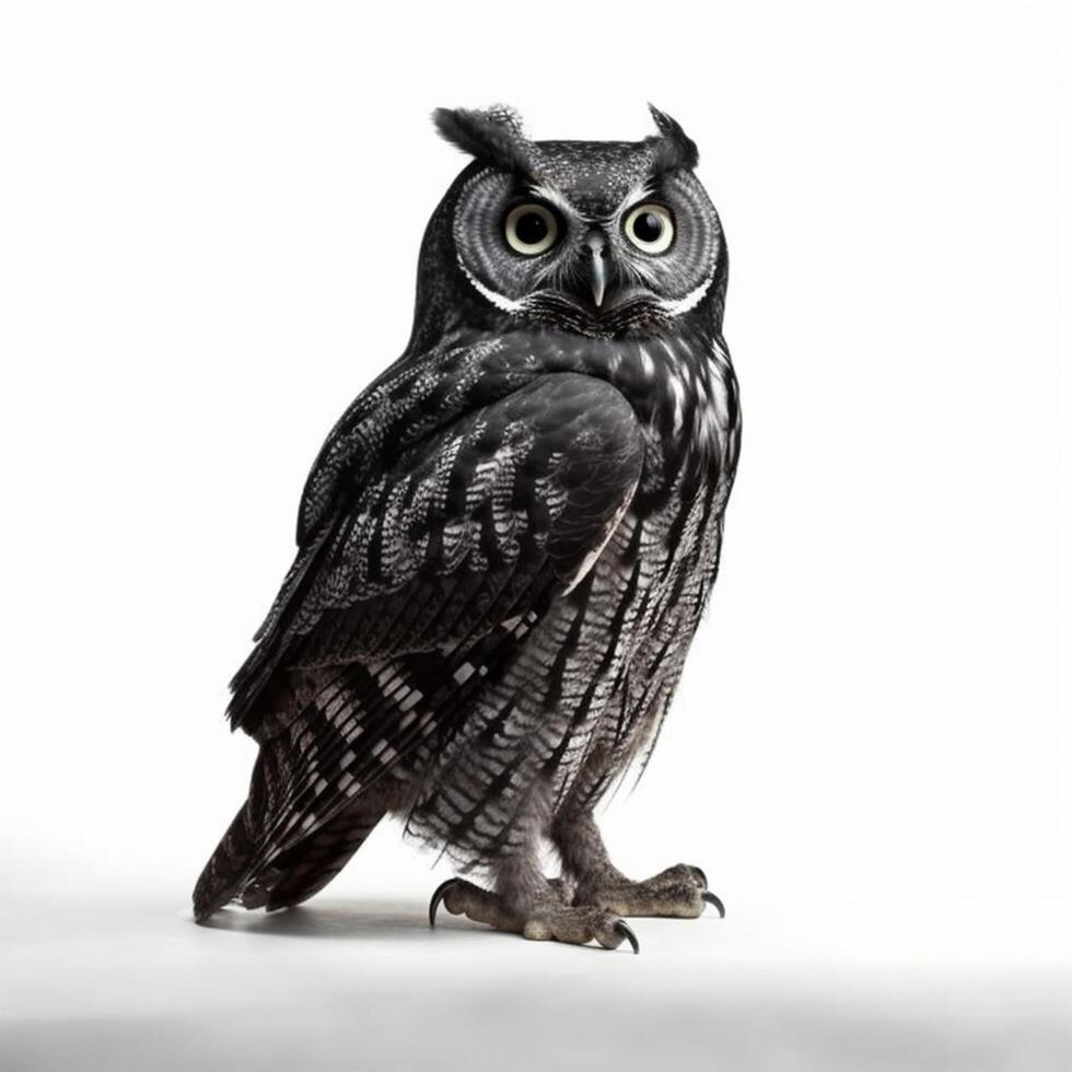 Black owl portrait, photo studio on white background,