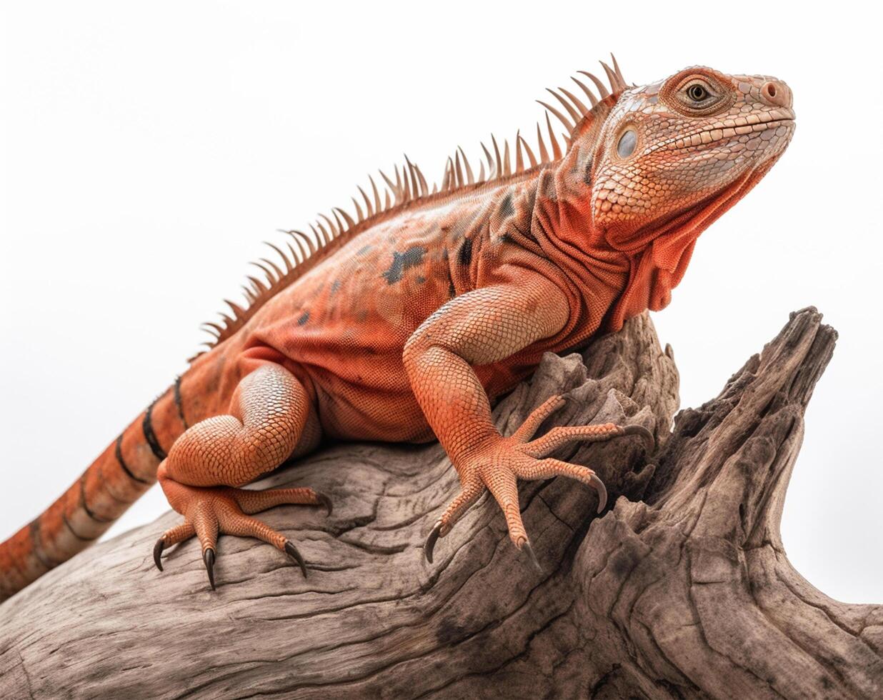 detallado estudio retrato de un rojo iguana en un árbol rama, aislado en un blanco fondo, generativo ai foto